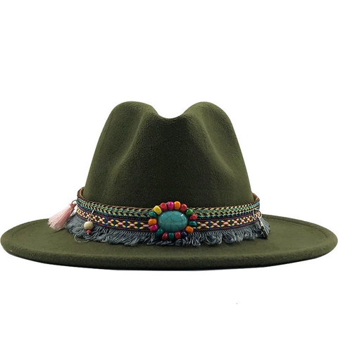 Vintage Ethnic Fedora Hat Polyester Wool Felt Texture Wide Brim Bohemian Turquoise Tassel Jazz Cap Women Men Retro Style