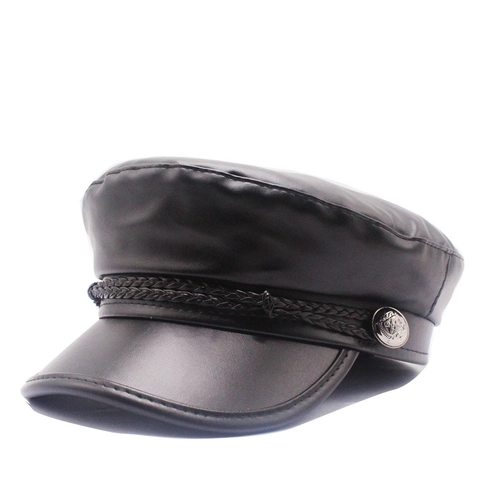 Berretto Newsboy In Pelle PU Vintage Cappello Baker Boy Per Donna Con Cordino Intrecciato Bottone Argentato Top Piatto Tinta Unita