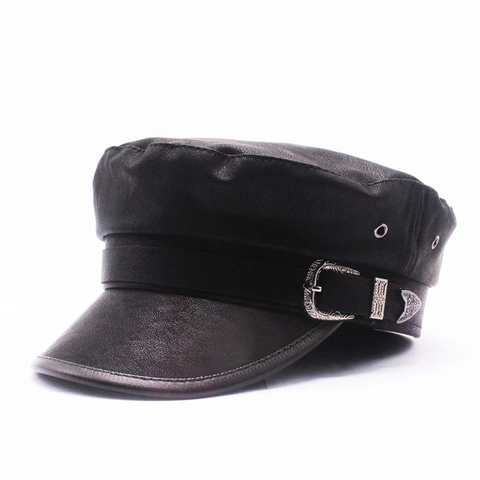 Vintage PU Leder Schirmmütze Damen Flache Marine Mütze Mit Retro Silberschnalle Britischer Stil Octagonal Baker Boy Hut