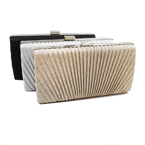 Shimmering Pleated Glitter Evening Clutch Bag Hard Shell Handbag With Removable Chain Strap For Women Wedding Party