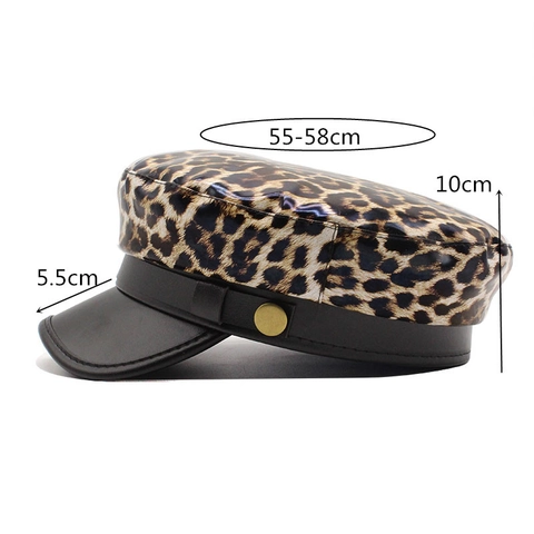 Women Leopard Print Newsboy Cap PU Leather Brim Retro British Fiddler Navy Hat With Metal Button Decoration