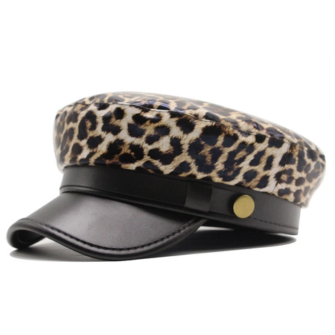 Women Leopard Print Newsboy Cap PU Leather Brim Retro British Fiddler Navy Hat With Metal Button Decoration