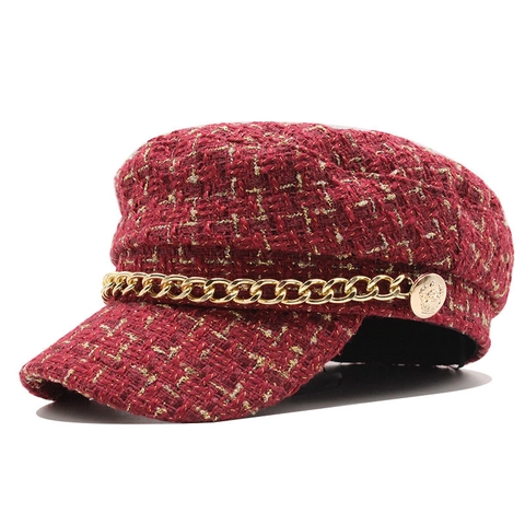 Tweed Newsboy Mütze Für Damen Mit Goldener Metallic Faden Karo Muster Dekorative Metallkette Vintage Baker Boy Hut