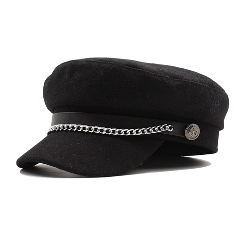 Vintage Newsboy Cap For Women Woolen Military Hat With Metal Chain And Buttons Retro British Style Solid Color Fashion
