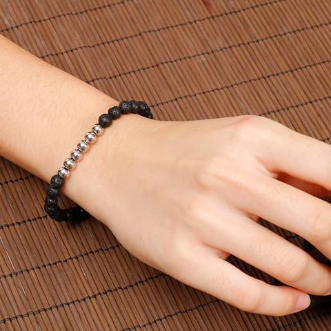Pulsera De Cuentas De Piedra De Lava Negra Natural Con Cuentas De Acero Inoxidable Pulido Estilo Punk Para Hombres Mujeres