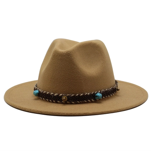 Wide Brim Fedora Hat Woolen Felt With Ethnic Braided Band Turquoise Rivets Bohemian Style Jazz Cap For Men Women