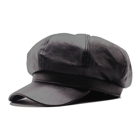 Women Newsboy Cap Retro PU Leather Octagonal Hat British Style Solid Color Fashion Baker Boy Cabbie Painter Hat