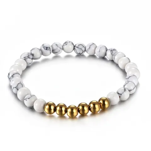 Pulsera De Cuentas Minimalista Con Piedra De Mármol Howlita Blanca Y Cuentas De Acero Inoxidable Pulido Joyas Elásticas