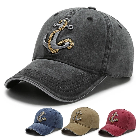 Casquette De Baseball En Coton Lavé Denim Broderie Ancre Réglable Rétro Style Nautique Chapeau Soleil