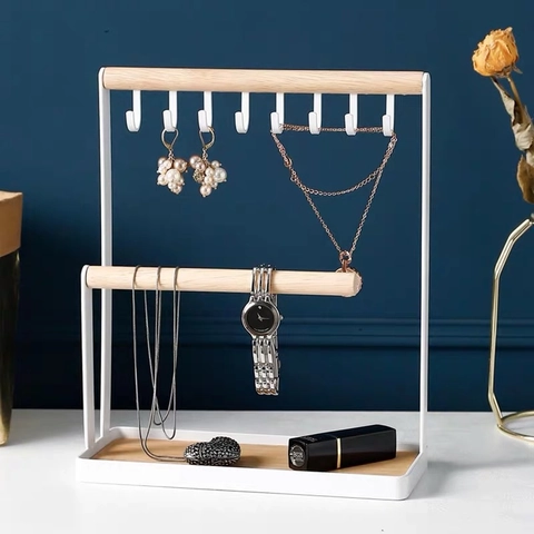 Jewelry Display Rack Iron And Wood Storage Organizer Stand With Hooks Tray For Necklace Earring Watch Japanese Style