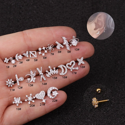 Stainless Steel Ear Cartilage Stud Earrings Inlaid Zircon Double Sided Screw Back Fashion Piercing Jewelry Women