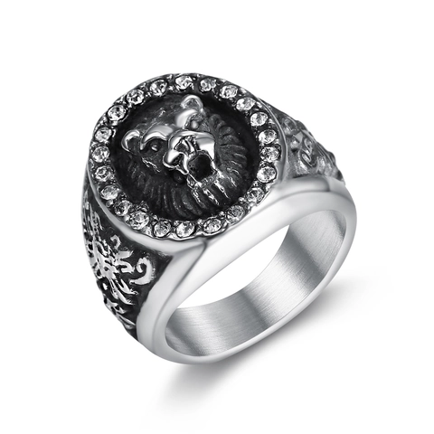 Men Lion Head Signet Ring Stainless Steel Cubic Zirconia Retro Punk Hip Hop Animal Carved Jewelry