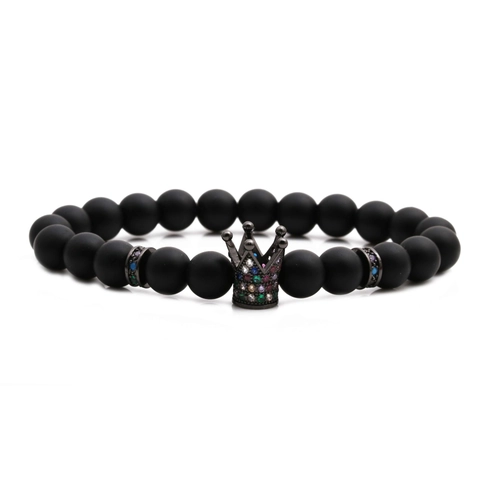 Beaded Bracelet Frosted Stone Beads Micro Pave Zirconia Crown Charm Elastic Hip Hop Fashion Jewelry For Unisex