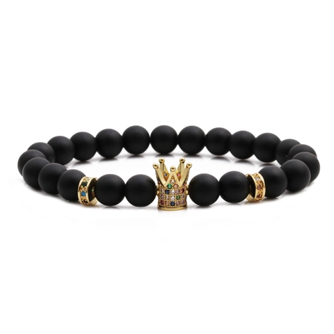 Bracciale Di Perline Corona Pietra Opaca Rame Ciondolo Con Zirconia Colorata Gioielli Elastici Per Uomini Donne