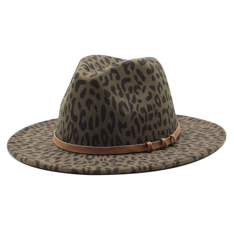 Vintage Leopard Print Wide Brim Fedora Hat Cotton Polyester Felt Jazz Style Decorative Belt Buckle Unisex Fashion