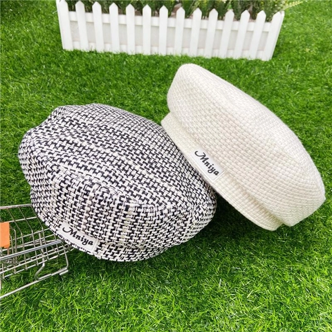 Berretto In Tweed Retro Francese Per Donna Trama Intrecciata Etichetta Con Lettera Cappello Da Pittore Vintage Regolabile