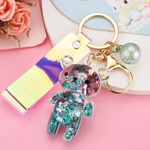 Portachiavi con Orso a Sabbie Mobili Liquide in Acrilico con Glitter e Cinturino Olografico per Pendente Zaino Scuola
