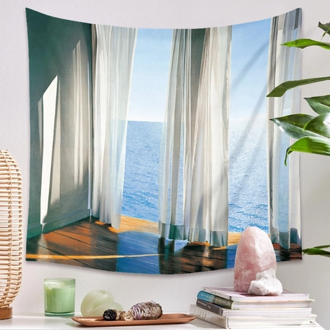 Window View Wall Tapestry Polyester Fabric Landscape Sunset Sea Sky Digital Print For Bedroom Living Room Dorm Decor