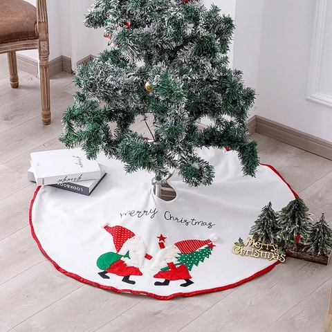 Jupe De Sapin De Noël Blanc Rouge Flanelle Motif Gnome Broderie Joyeux Noël Décor De Fête Base Ronde