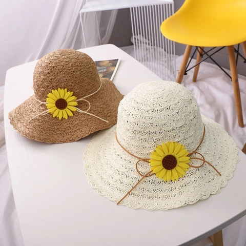 Women Girls Straw Sun Hat Foldable Sunflower Decorated Wide Brim Beach Hat Hand Woven Sunshade Pastoral Style Summer Cap