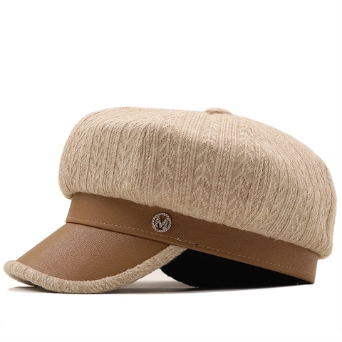 Vintage Women Knit Patchwork PU Leather Newsboy Cap British Octagonal Painter Hat Autumn Winter Warm Adjustable Beret Cap