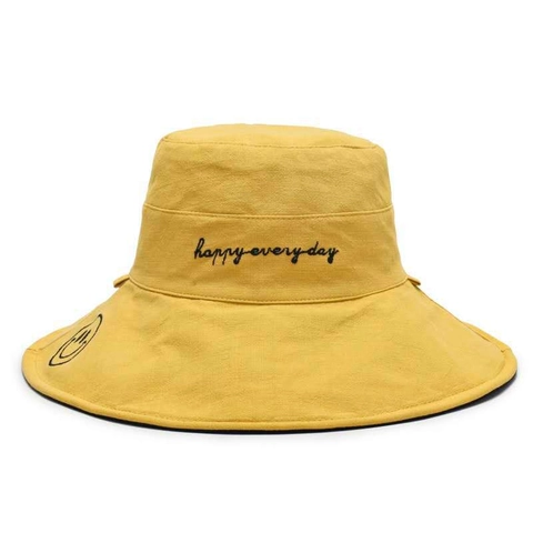 Cappello Alla Pescatora A Tesa Larga Cotone Protezione Solare Pieghevole Reversibile Ricamo Happy Estate All Aperto