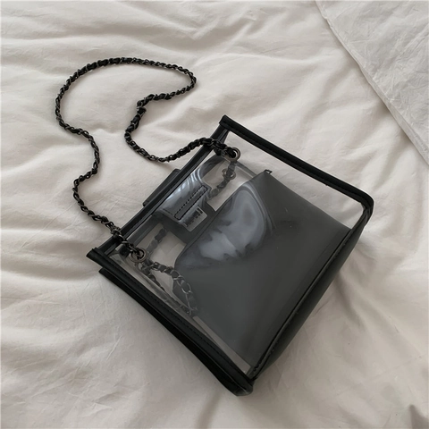 Transparente PVC Schultertasche Und Schwarze Innentasche Metall Kettenriemen Quadratische Umhängetasche Für Damen Mode Trendiger Stil