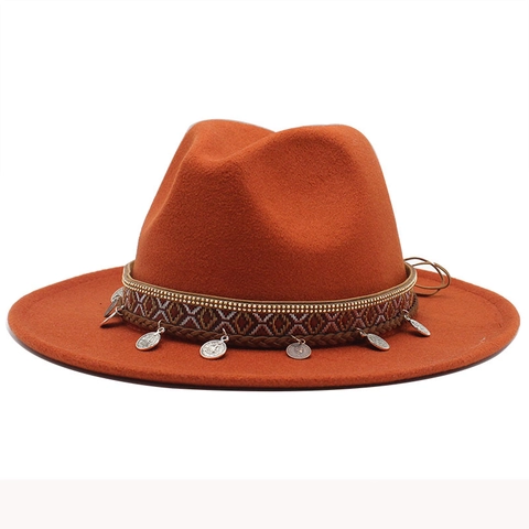 Ethnic Style Wide Brim Fedora Hat Retro Felt Jazz Cap With Bohemian Band And Metal Coin Pendants