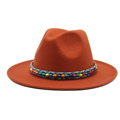 Fedora Hat For Women And Men Wool Felt Wide Flat Brim Ethnic Bohemian Colorful Beaded Band Vintage Jazz Style