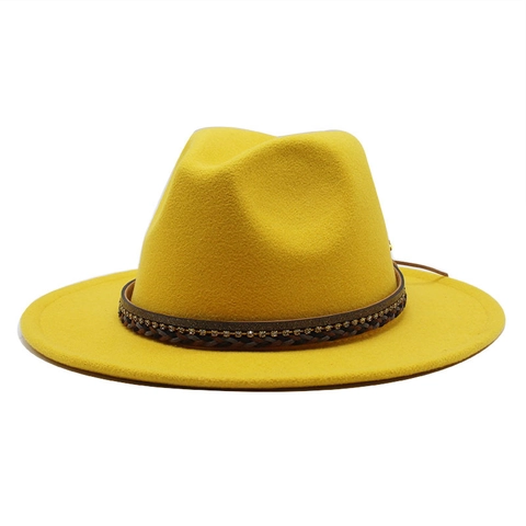 Wide Brim Fedora Hat Wool Felt Woven Band Rhinestone Ethnic Jazz Style For Men Women