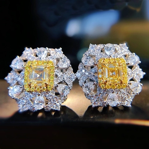 Luxury Square Cut Canary Yellow Crystal Stud Earrings Copper Alloy Halo Micro Pave Sparkling Jewelry For Women
