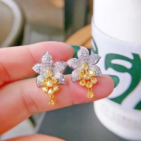Luxury Copper Flower Stud Earrings Micro Pave Yellow Rhinestone Elegant Floral Jewelry For Women Wedding Banquet Gift
