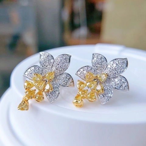 Luxury Copper Flower Stud Earrings Micro Pave Yellow Rhinestone Elegant Floral Jewelry For Women Wedding Banquet Gift