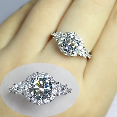 Luxurious Copper Halo Ring With Round Cut Rhinestone Silver Plated Adjustable Engagement Wedding Rings For Women Jewelry