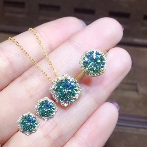 Gioielli Elegante Moissanite Blu Verde Gemma Simulata Halo Rame Placcato Oro Collana Anello Orecchini Da Donna
