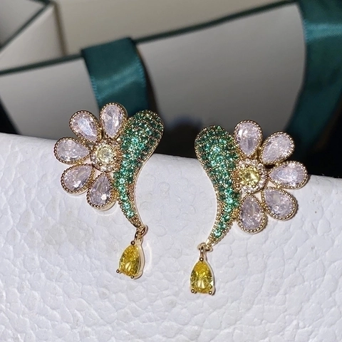 Flower Drop Earrings Copper Colorful Zirconia Long Waterdrop Pendant Floral Style Jewelry For Women