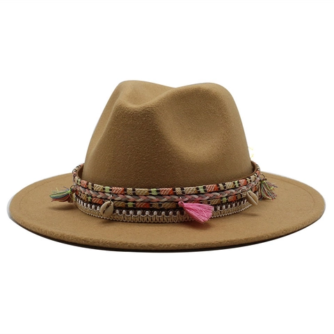 Fedora Hut Wollfilz Boho Quasten Muschel Dekor Ethno Tribal Breite Flache Krempe Retro Stil Damen Herren