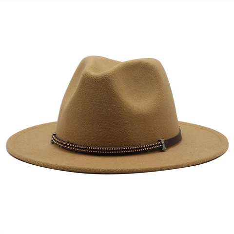 Fedora Hat Classic Woolen Felt Wide Brim Jazz Cap With Studded Faux Leather Band Vintage Style For Women Men