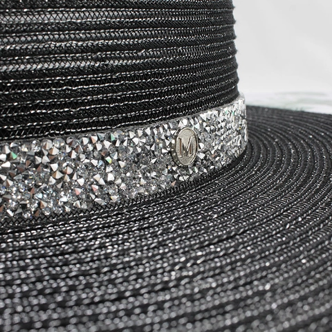 Women Boater Hat Flat Top Straw Sun Hat Rhinestone Band M Logo Wide Brim Summer Beach Elegant Breathable
