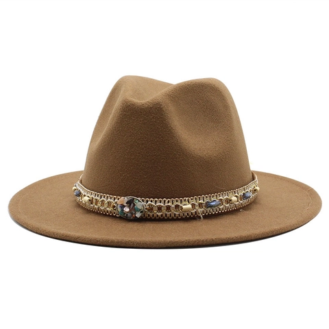 Vintage Wool Felt Fedora Hat Wide Brim Bohemian Ethnic Decorative Band Colorful Stones Beads Western Jazz Cap Women Men