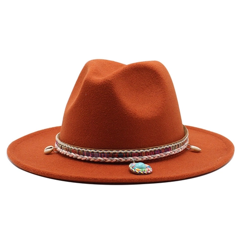 Bohemian Fedora Hat Woolen Felt Wide Brim With Ethnic Woven Band Shell Turquoise Charm For Women Men Western Cowboy Style