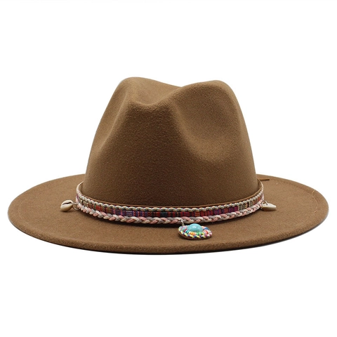 Bohemian Fedora Hat Woolen Felt Wide Brim With Ethnic Woven Band Shell Turquoise Charm For Women Men Western Cowboy Style