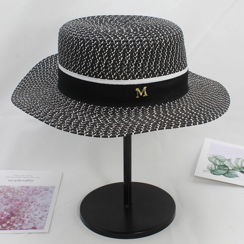 Women Boater Hat Woven Straw Paper Wide Brim Flat Top Summer Sun Beach Vacation Hepburn Style Metallic M Decor