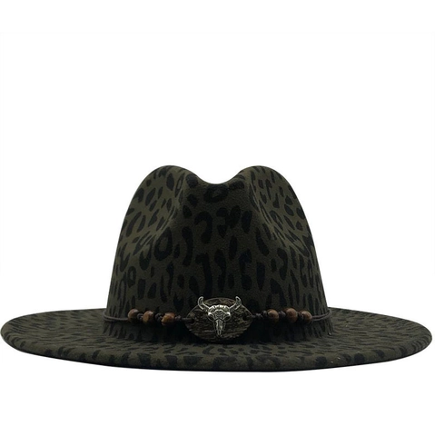 Cappello Fedora A Tesa Larga Con Stampa Leopardata Feltro Di Lana Cappello Jazz Western Con Ornamento Teschio Di Toro Unisex
