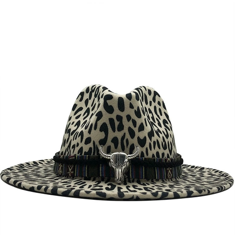 Leopard Print Fedora Hat Cotton Polyester Flat Wide Brim Ethnic Woven Band Vintage Metal Bull Skull Western Cowboy Style Men Women Retro Jazz Cap