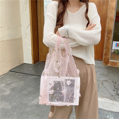 Borsa In Rete Con Ricamo Floreale Donna Organza Trasparente Stile Fata Fresco Borsa Da Spiaggia Estiva Trasparente