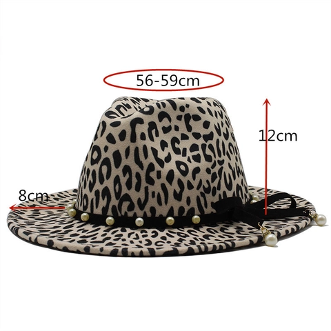 Chapeau Fedora Imprimé Léopard Feutre De Laine Ruban Künstliche Perles Nœud Style Western Vintage Bord Large Jazz Femme