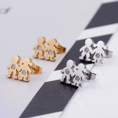 Pendientes De Botón Con Silueta De Niño Y Niña Acero De Titanio Diamante De Imitación Figura De Dibujos Animados Joyería