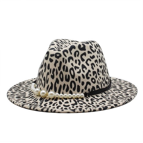 Leopard Print Fedora Hat With Artificial Pearl Band Decoration Cotton Polyester Felt Wide Flat Brim Vintage Elegant For Women