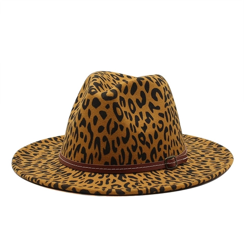Leopard Print Fedora Hat Wide Brim Jazz Cap With Belt Buckle Vintage Style For Men And Women